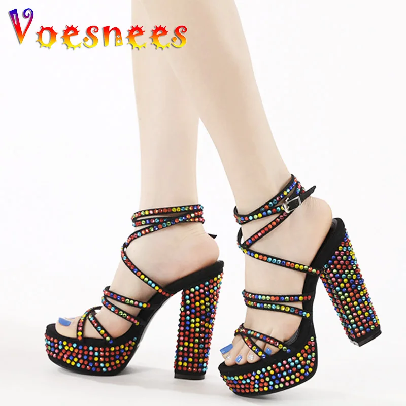 

Summer New Fashion Model Sandals Cross Buckle Strap 13CM Sexy Party Women Shoe Waterproof Platform Colored Rhinestone High Heels