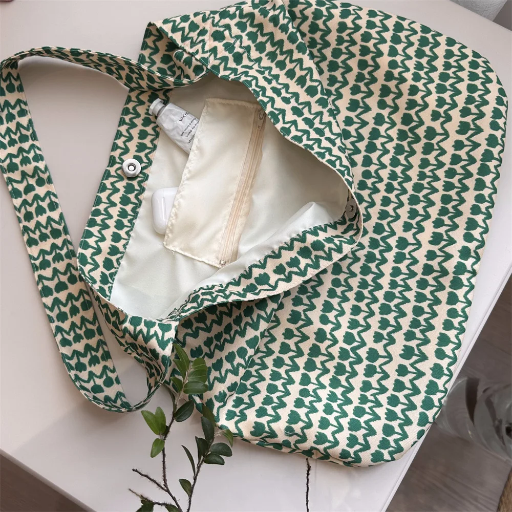 Floral Canvas Shoulder Bag For Woman Flower Print Shopping Tote Versatile Open Top No Lining Spring Summer Crossbody Bag