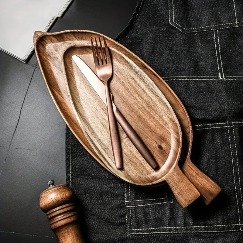1/2 high-quality solid wood leaf shaped tray, waterproof wooden steak, sushi, grilled meat, food, Acacia wood tea tray