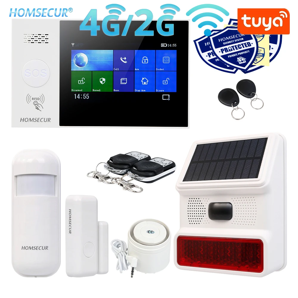 

HOMSECUR 433MHz Wireless WIFI 4G GSM RFID SMS Autodial Home Alarm System Touch Screen+PIR Door Sensor Solar Powered Flash Siren