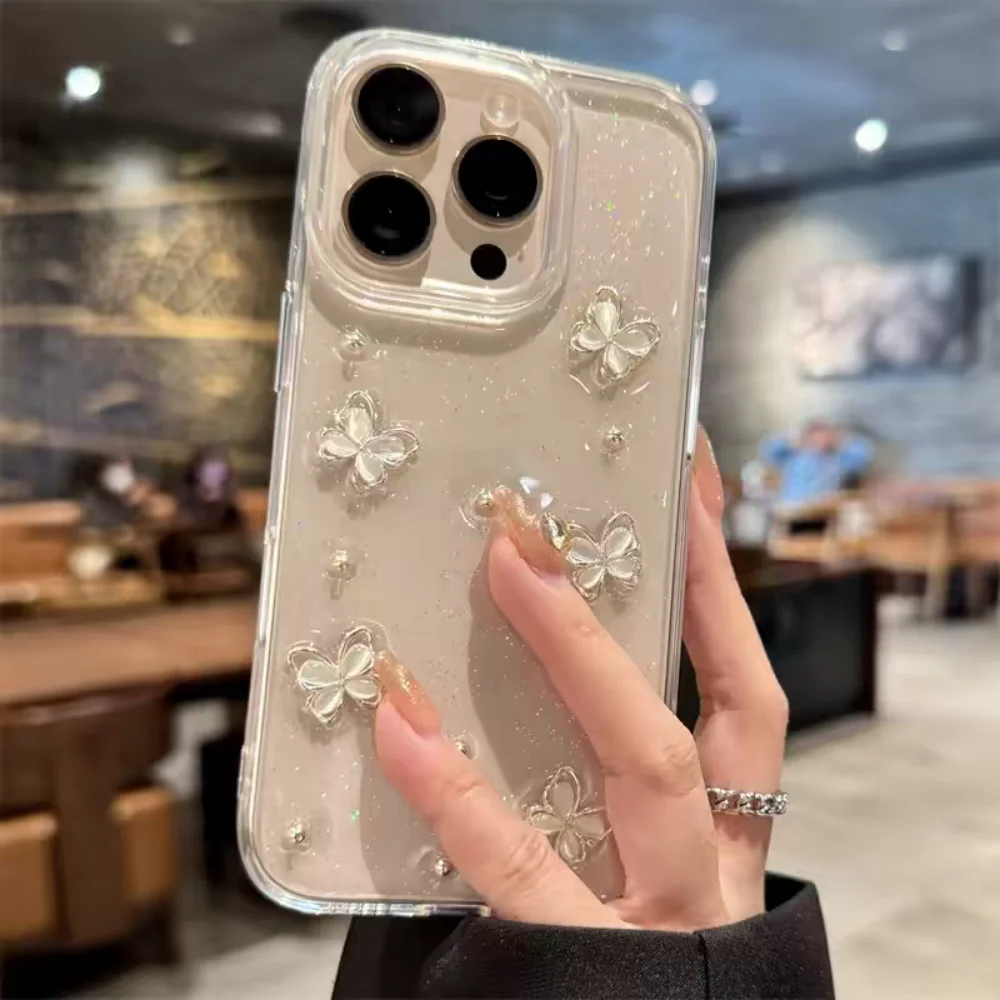 Elegant 3D Butterfly Bling Glitter Clear Phone Case - Soft Shockproof Protective Cover