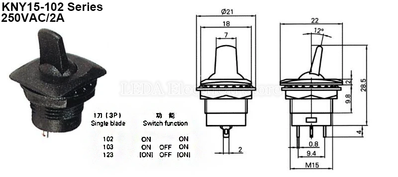 Description Picture 2 of item1Pcs Toggle switch KNY15-102 KNY15-103 3Pin 2A(5A)/250VAC switch small toggle switch