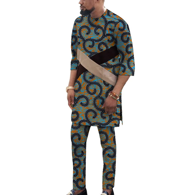 Cross Splicing Design Tops With Pants African Print Men's Set Male Nigerian Outfits Wedding Groom Suits