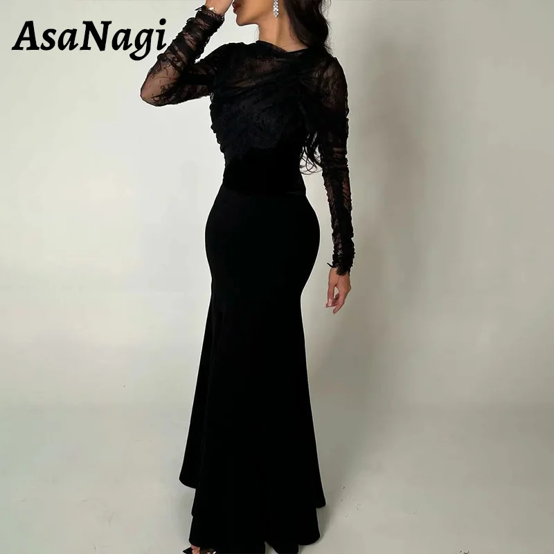 

AsaNagi Black Mermaid Prom Dress Women's Long Sleeve O Neck Lace Party Evening Gown Floor Length Elegant Special Occasion Gowns