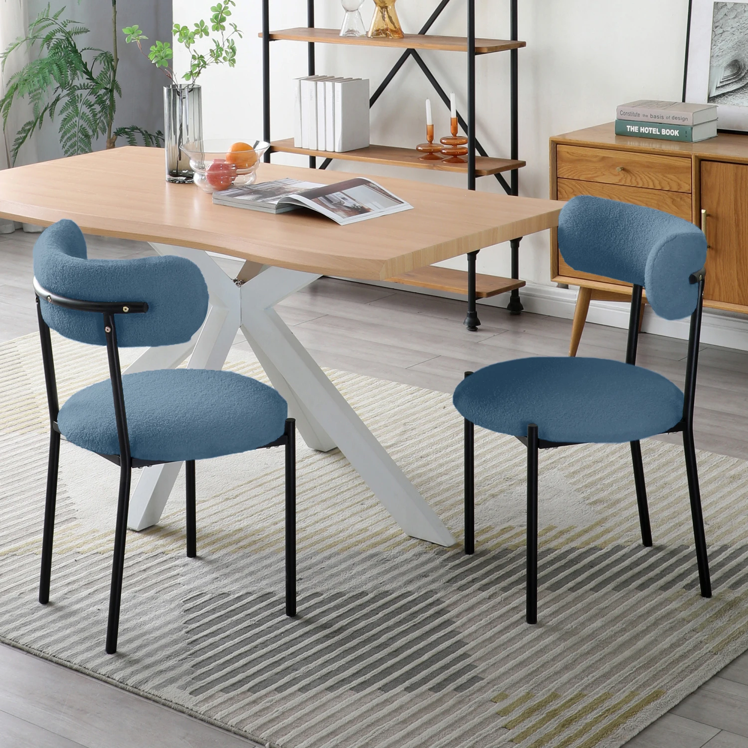 

Elegant Set of 2 Round Upholstered Sherpa Fabric Dining Chairs with Curved Backrest - Mid-Century Modern Accent Chairs Featuring