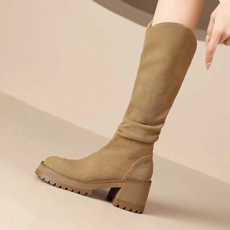 

Autumn and Winter Women Boots Round Toe Low Heel Martin Boots Plush Non Slip Knight Boots Fashion Khaki Long Boots Women Shoes