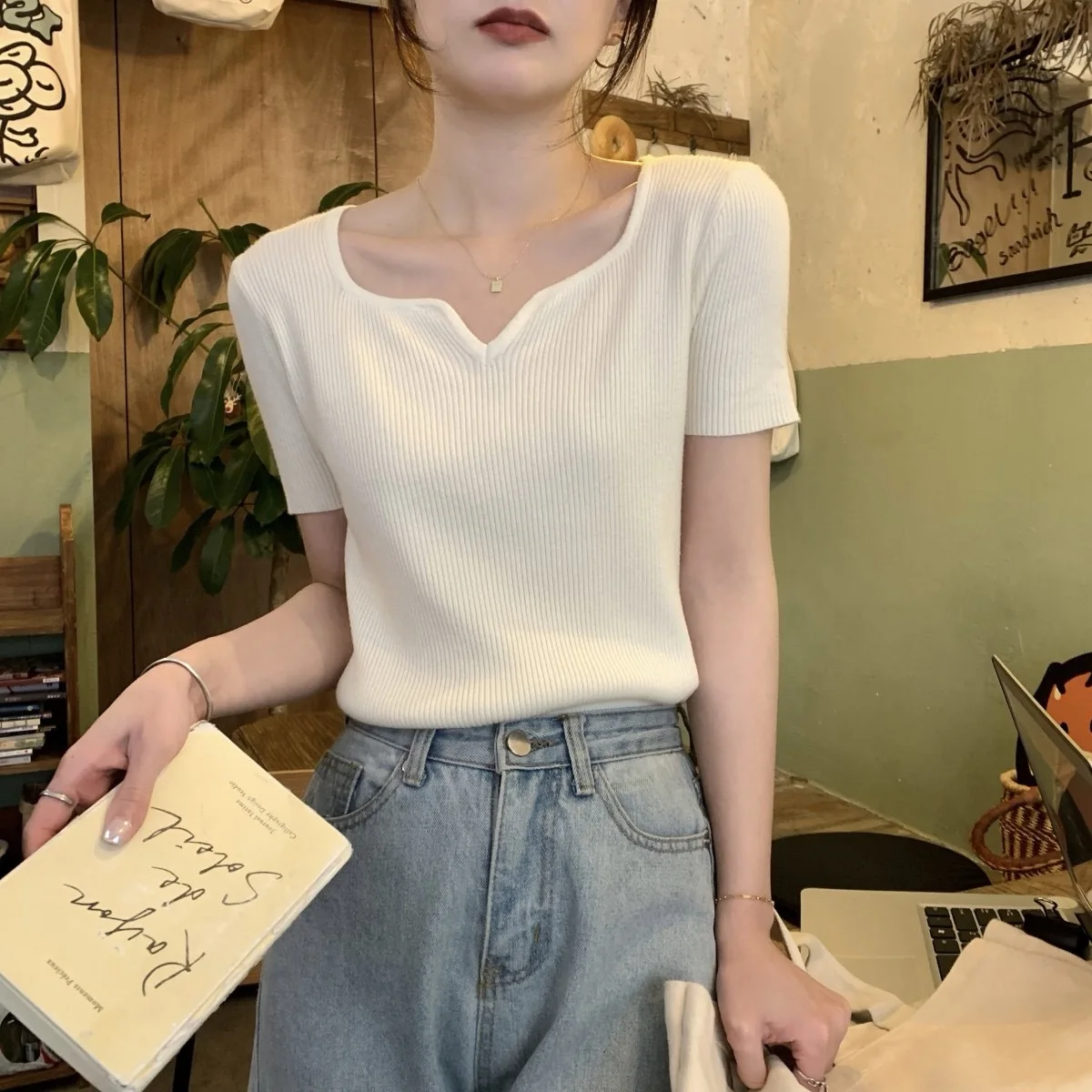 Women Summer Short Sleeve Knitted T Shirt Slim Fit Solid Color