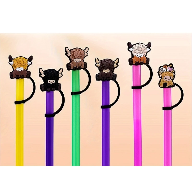 Set of 6 Unique Cartoon Straw Stopper Adorment Colorful Plastic Straw Lid Cow Shaped Plug Drinkware Accessorys