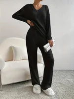 Autumn Winter 2 Pieces Pajamas Set for Women Sleepwear V-neck Ribbed Knit Tops and Trousers Homewear Casual Outfits - Image 6