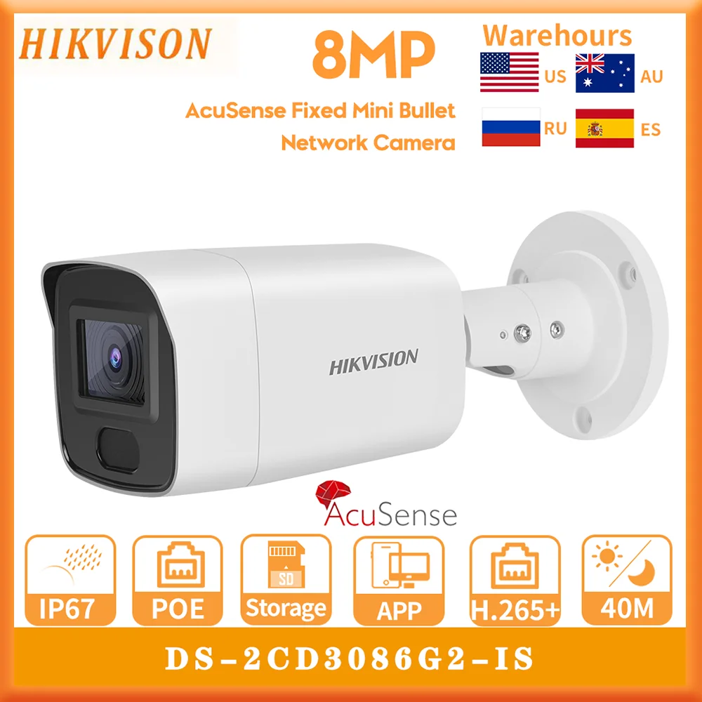 

Hikvision Original DS-2CD3086G2-IS 4K 8MP AcuSense Bullet PoE IP-камера ночного видения 40m звуковая сигнализация SD-карта безопасность