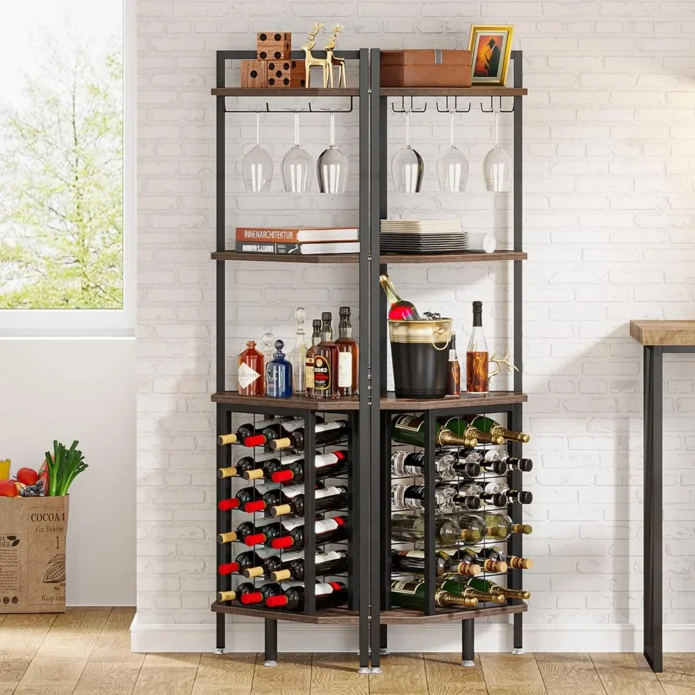 Corner Wine Rack with Glass Holder and Storage Shelves, 4 Tier Bar Wine Cabinet, Industrial Corner Cabinets - Image 4