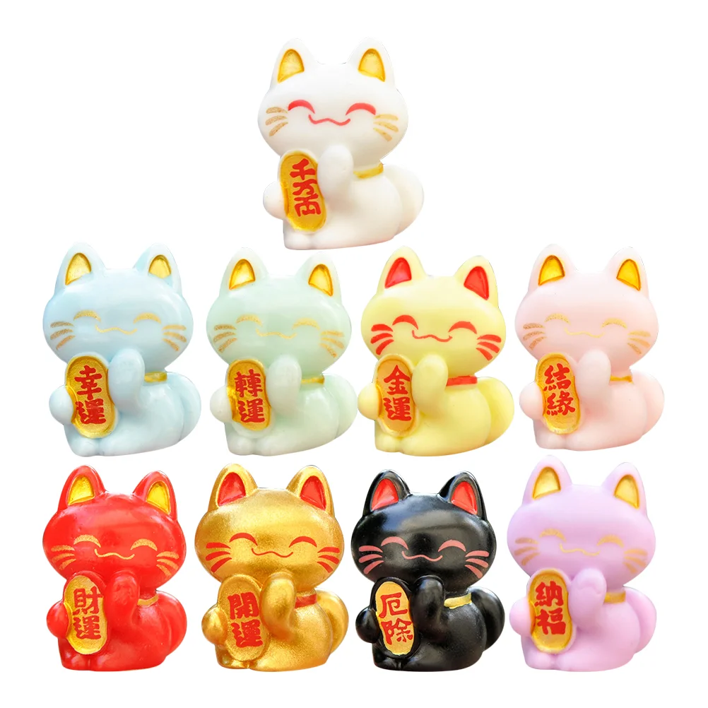 Mini Ma Ne Lucky Cat Figurines 9Pcs Miniature New Year Japanese Cat Statue Cute Fortune Cat Kitten Figure Diy Bonsai