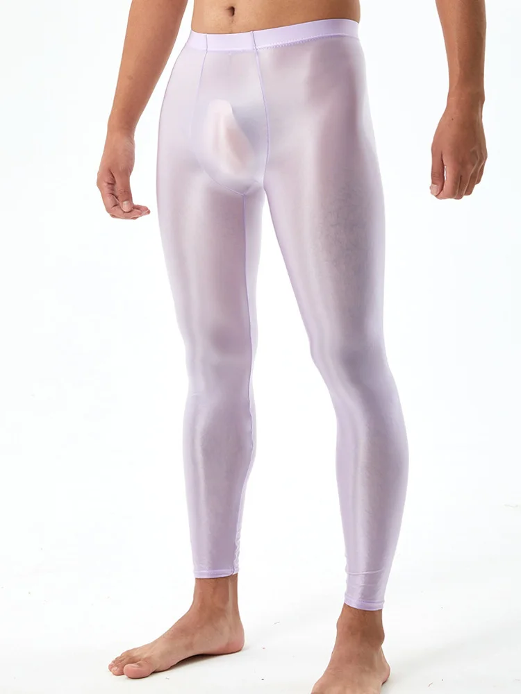 Sexy Men Stain Oil Shiny Pants Bulge Convex Pouch Tights Men Trousers Leggings Yoga Smooth Pencil Pants Capris Candy Color