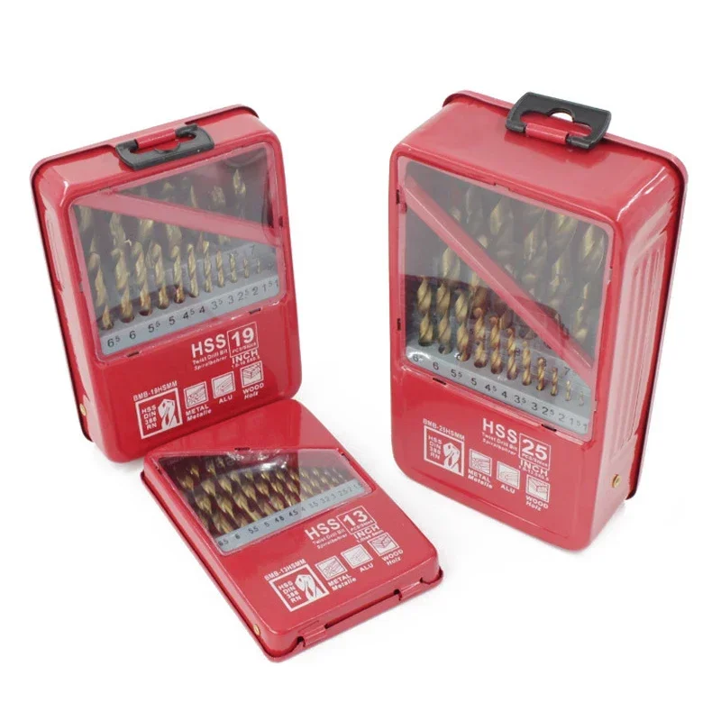 

1.0~13mm 13/19/25PCS Woodworking Accessories Drilling Iron Box For Power Bit Metal HSS Tools Drill Set Titanium Coated In