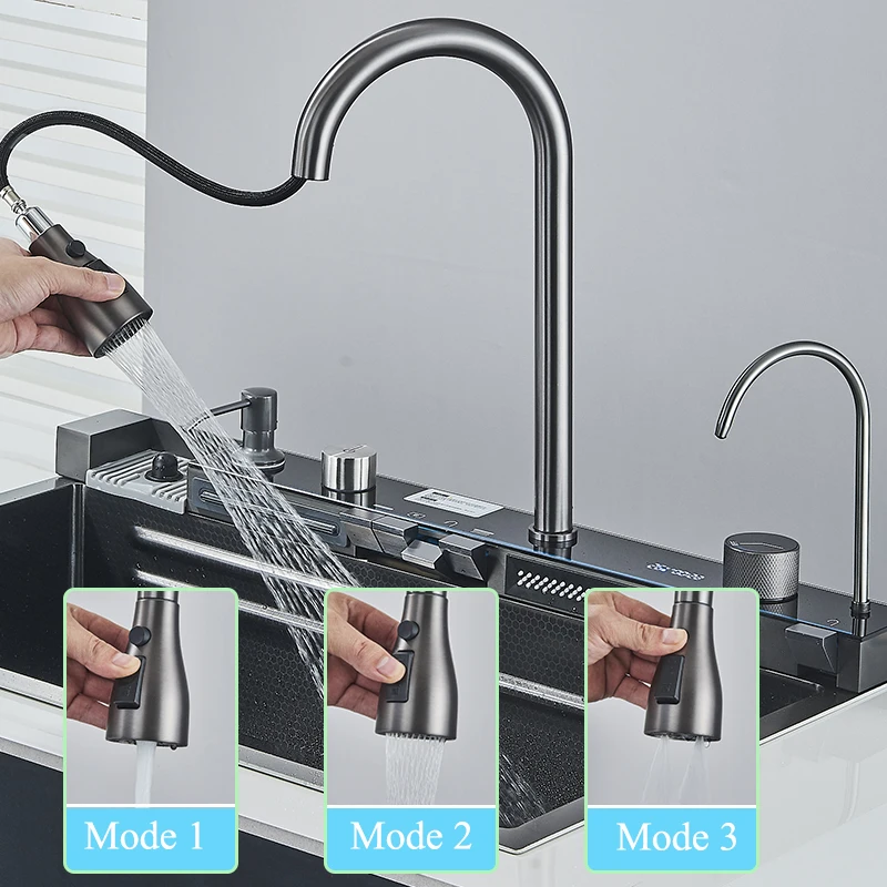 Kitchen Sink with Faucet Digital Display 304 Stainless Steel Large Single Slot Integrated Multifunction Waterfall Rain Sink Set 2