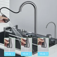 Kitchen Sink with Faucet Digital Display 304 Stainless Steel Large Single Slot Integrated Multifunction Waterfall Rain Sink Set 2