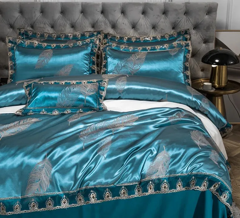 Jacquard Weave Sateen Lace Natural Chic Heavy Comforter Cover Set 4Pcs Satin Soft Luxury 1Duvet Cover 1Flat Sheet 2Pillowcases 3