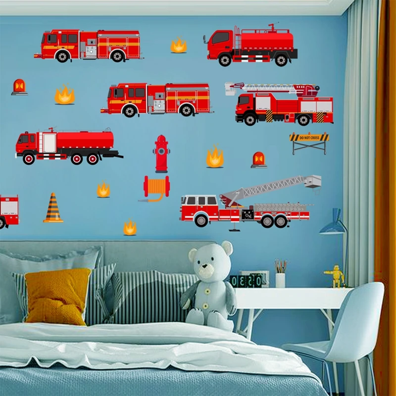 Cartoon Fire Truck Wall Decor Decals for Kids Room Playroom Bedroom