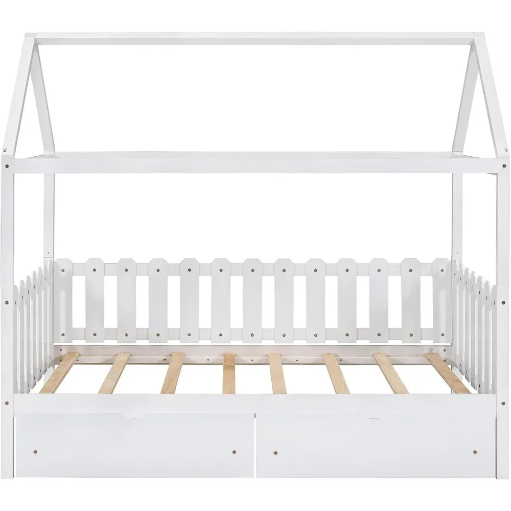 Solid Wood Twin Size House Bed Frame with Roof/Drawers/Fence-Shaped Guardrail, House Bed Platform Bed for Kids,Teens 5