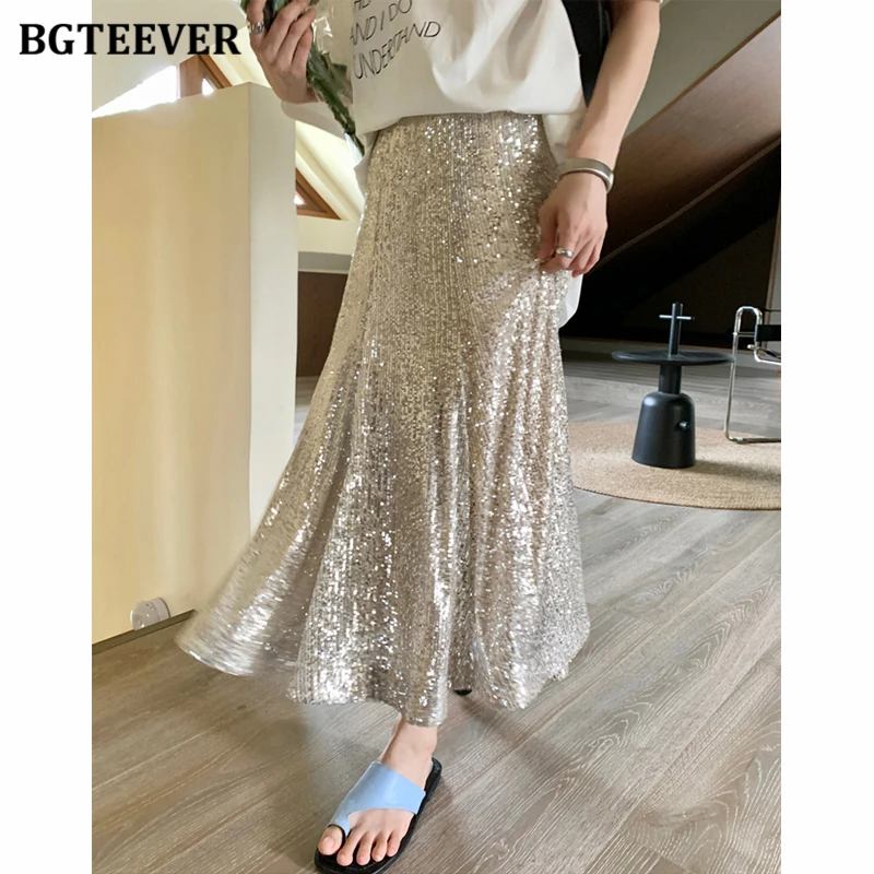 

BGTEEVER Elegant Slim Ladies Sequin Package Hip Mermaid Skirts Autumn Winter Stylish High Waist Female Skinny Mid-Length Skirts