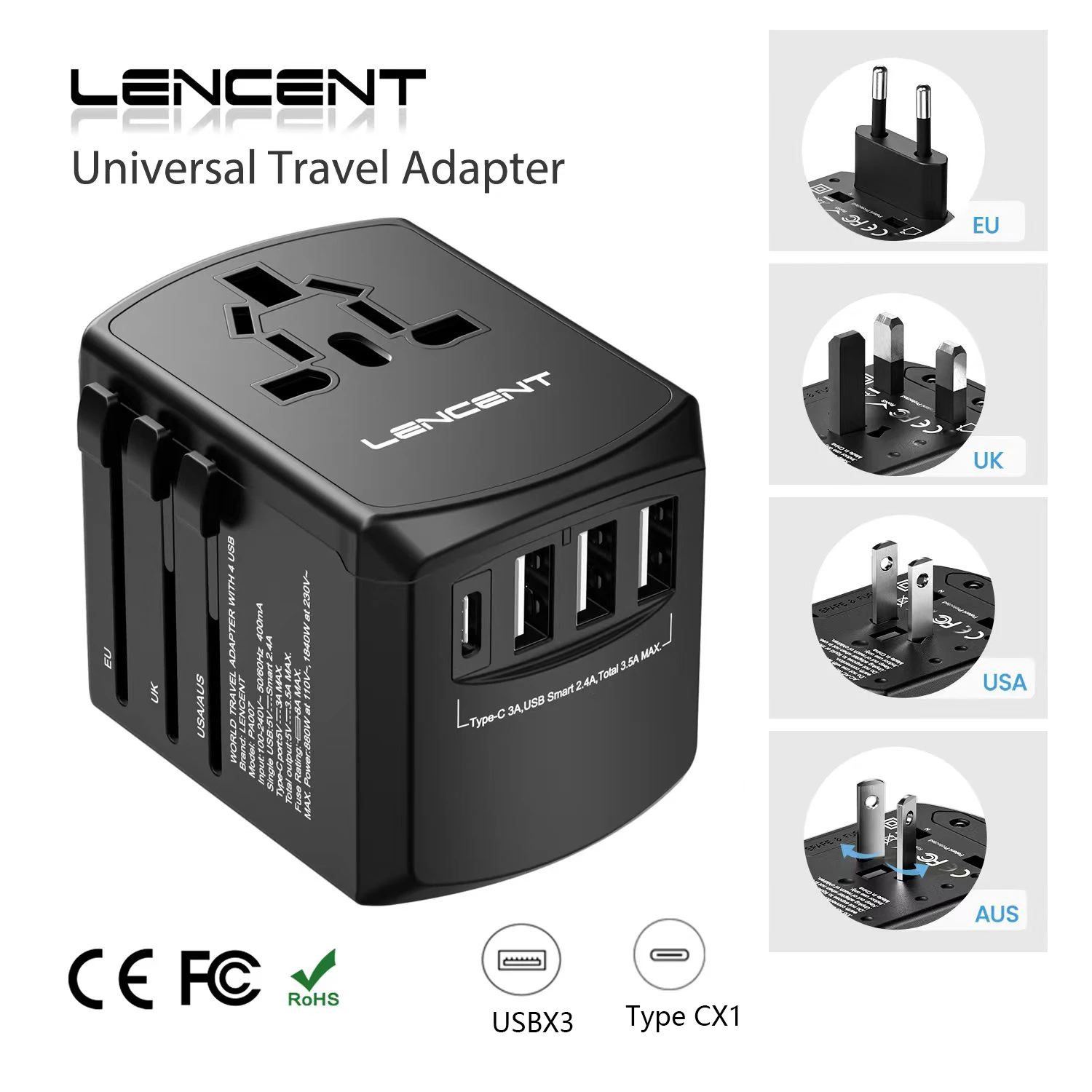 LENCENT – adaptateur de voyage universel, chargeur de voyage tout-en-un  avec 3 Ports USB et 1 chargeur mural de Type C pour US EU UK AUS Travel
