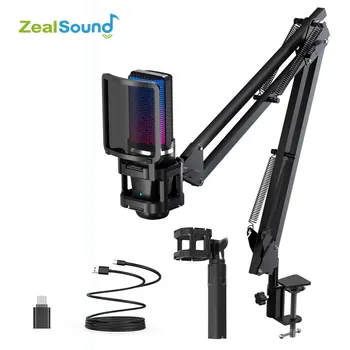 Zealsound RGB Recording Microphone With Articulated Arm/USB Condenser Mic with Tripod For Gaming Podcasting Streaming Youtube 1