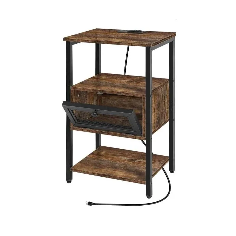 Nightstand with Charging Station End Table with Power Outlets and USB Ports Farmhouse Side Table Drawer and Storage Shelf