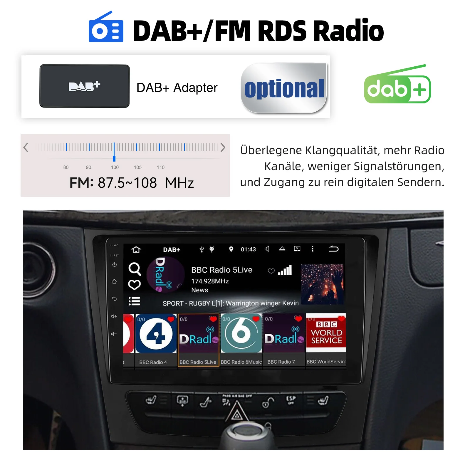 ESSGOO Autoradio Android15 9" 4+64 GB für Mercedes-Benz GLS E-Klasse W211 W219 Wireless CarPlay GPS Navigation FM RDS Touchscreen WiFi Bluetooth Mirror Link Android Auto Lenkradsteuerung – Detail 4
