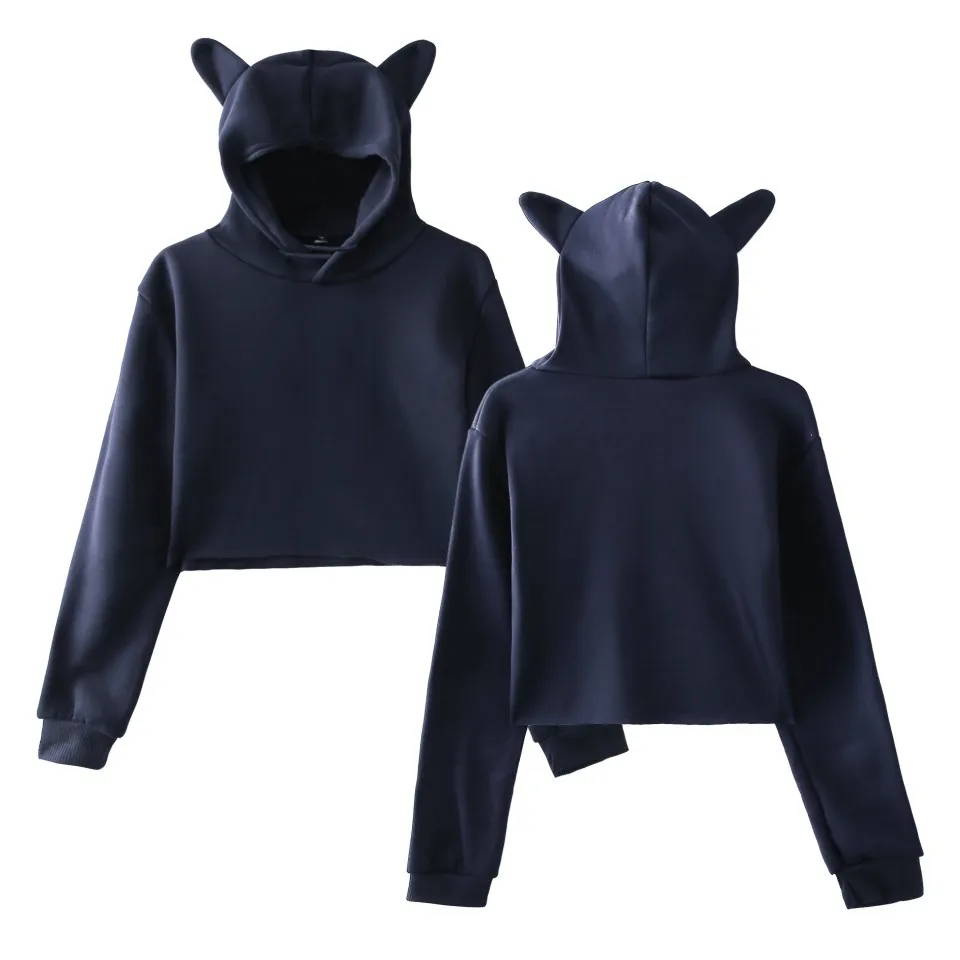 Women's Cat Ears Hooded Sweatshirt Navel-Baring Short Long Sleeves Sweatshirt Creative Design Personalized Casual Fashion Tops