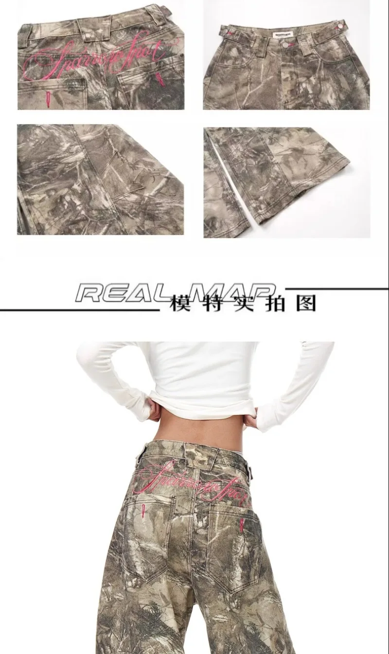 UNITIM Frühlings-Herrenhose im amerikanischen Stil, gewaschen, mit Camouflage-Stickerei und Schriftzug, lässige Vintage-Baggy-Hose mit weitem Bein für Herren – Detail 1