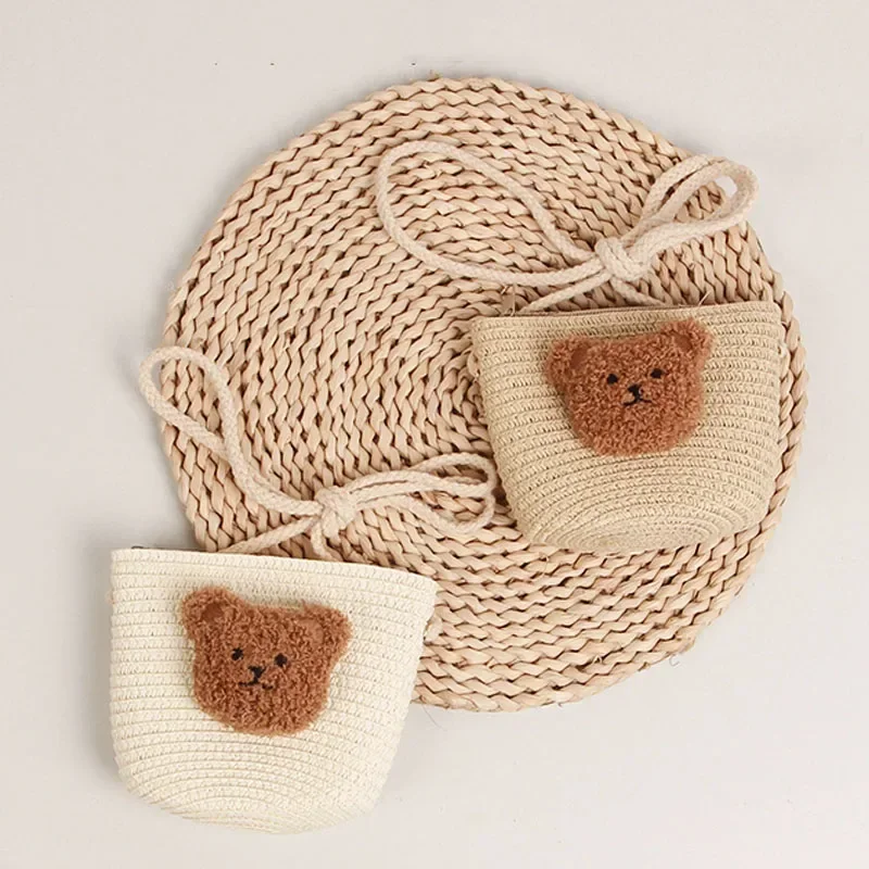 Cute Kids Shoulder Bag Summer Straw Woven Handmade Bags Mini Baby Girls Coin Purse Cartoon Bear Toddler Crossbody Bag 5