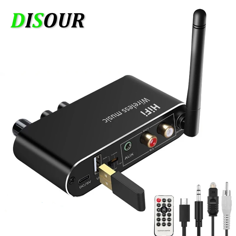 

DISOUR новый приемник Bluetooth 5,1 с дистанционным управлением, беспроводной адаптер, цифро-аналоговый аудио преобразователь, оптический коаксиальный до 3,5 мм AUX