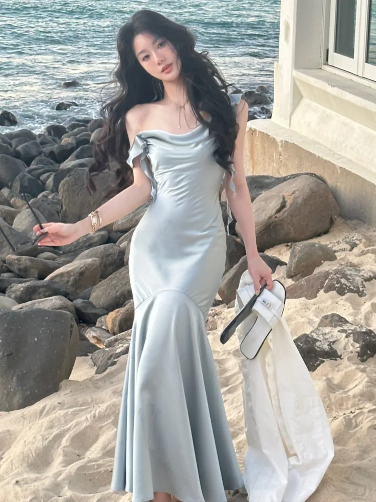 French Elegant Satin Bodycon Mermaid Dress for Women Summer Fashion Ruffle Wedding Party Vestido Female Spaghetti Strap Clothing