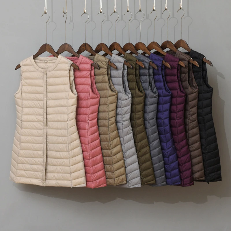 

Women's Ultra Light Down Jacket Autumn Winter Long Round Neck Snap Button Long Sleeve Jacket Warm Coat Female Soft Outerwear