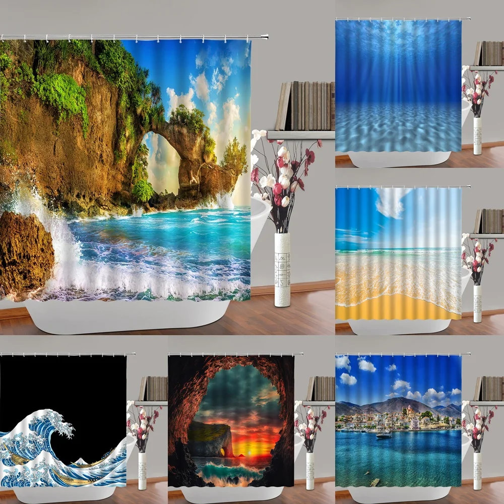 

Blue Sea Waves Seaside Landscape Shower Curtain for Bathroom Decor Beach Summer Ocean Waterproof Fabric Bath Curtains With Hooks