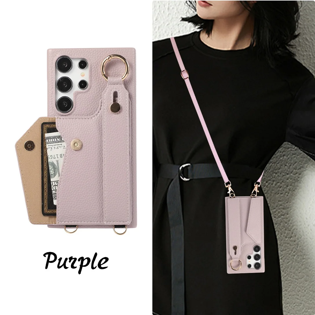 Luxury Shoulder Leather Wallet Case with Card Slot and Hand Strap - Purse Phone Cover