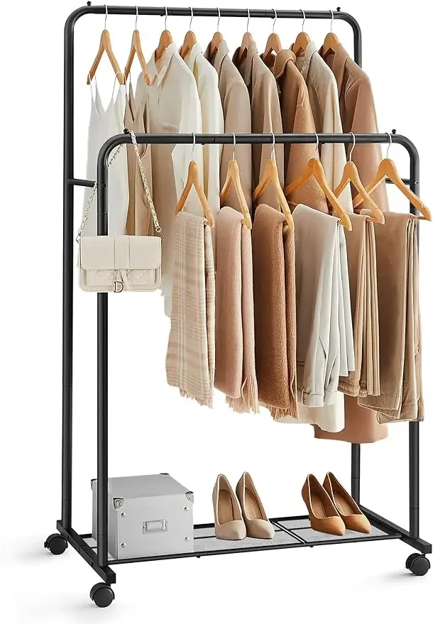 

Double-Rod Clothes Rack with Wheels, Garment Rack with Mesh Shelf, Each Rod Holds up to 66 lb