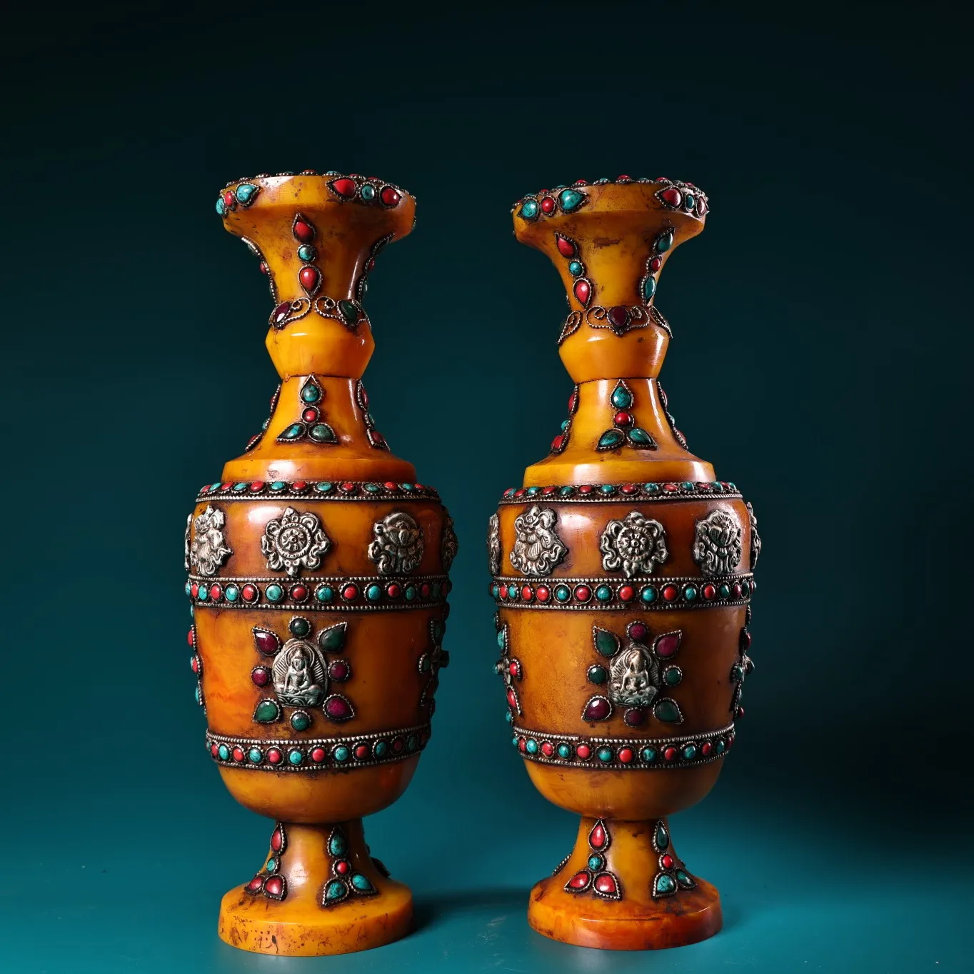 

13"Tibet Temple Collection Old Beeswax Mosaic Gem Turquoise Tibetan silver filigree Buddha Vase A Pair Worship Hall Town house