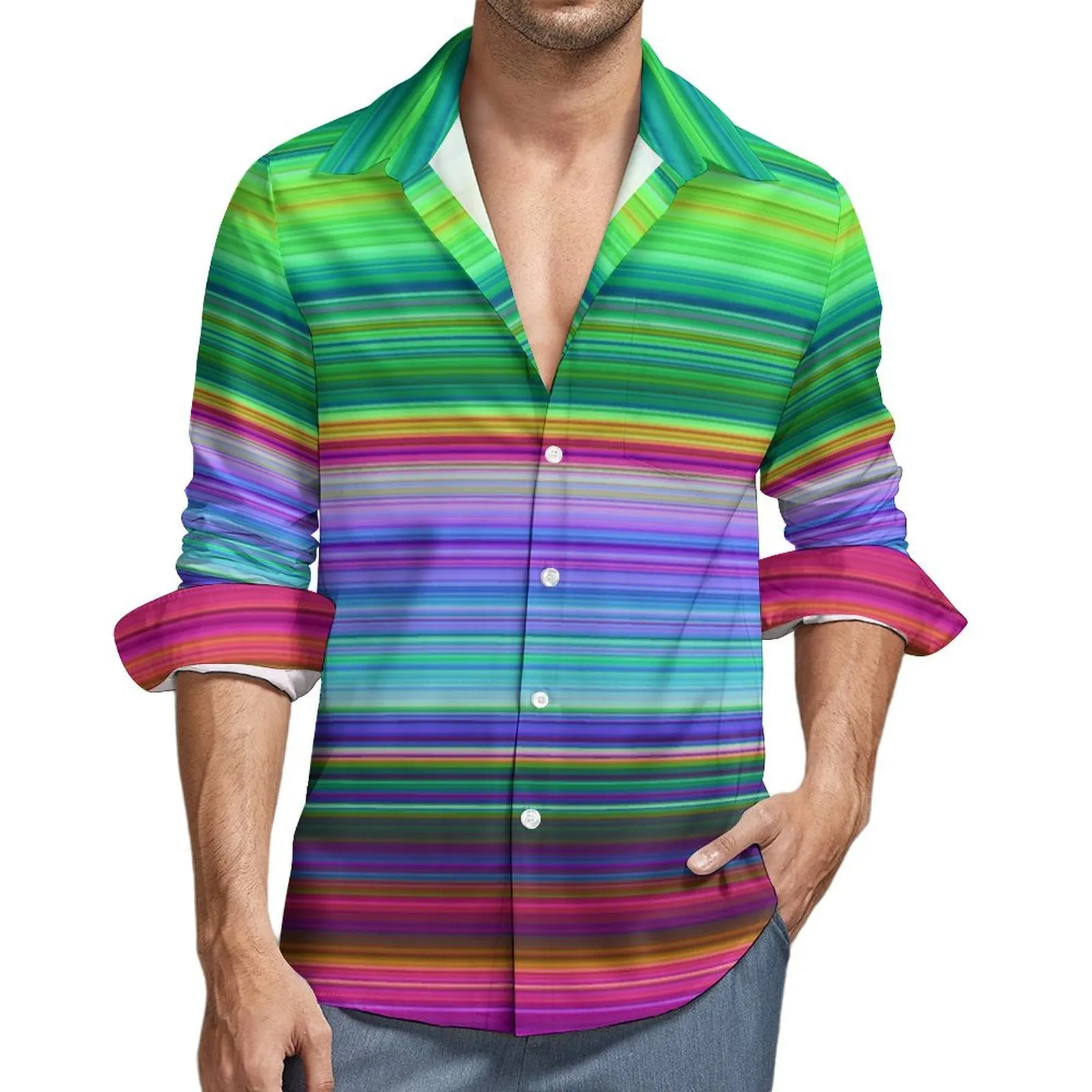 

Colorful Striped Casual Shirt Man Rainbow Print Breathable Shirt Spring Vintage Blouses Long Sleeve Graphic Oversized Clothing