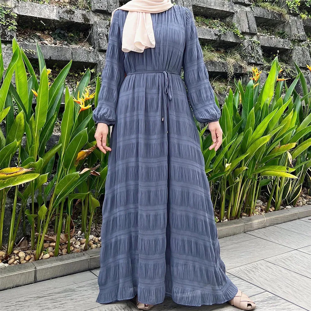 Muslim Middle East Women's Clothing Autumn Winter New Malay Chiffon Pressed Pleated Dress Elegant Long Sleeved Ladies Kaftans