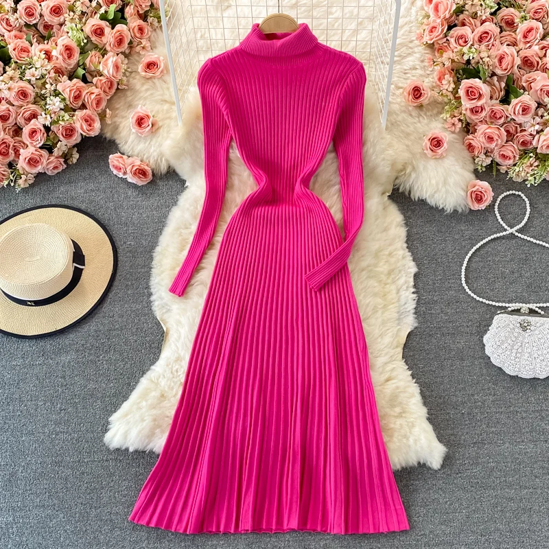 

Autumn Winter Pleated Turtleneck Sweater Dresses Women Long Sleeve Bottoming Knitted Dress Ladies A Line Large Hem Long Vestidos