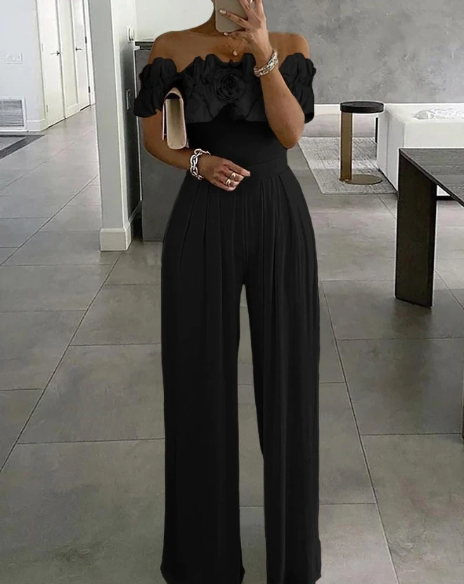 New Style Women 2024 Early Spring Summer Jumpsuit Elegant Short Sleeve Rose Detail Off Shoulder Wide Leg Commuting Jumpsuit