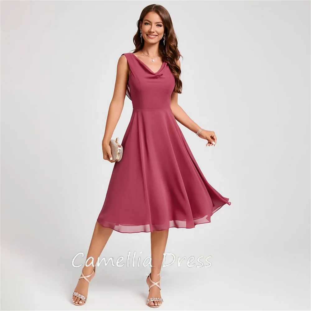 

Simple A-line Evening Dresses Cowl Prom Dresses Knee-Length Chiffon With Ruffle Cocktail Dress Vestidos De Fiesta فساتين السهرة