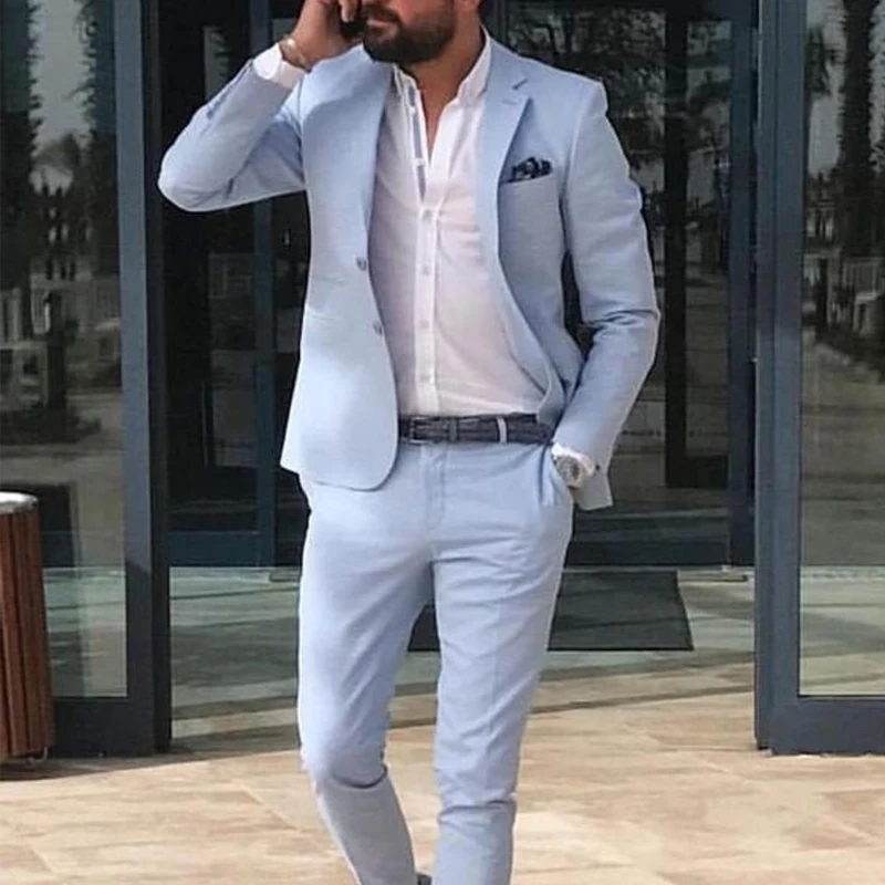 

Light Blue Linen Summer Men Suits Slim Fit 2 Piece Groom Tuxedo for Wedding Male Fashion Jacket with Pants New Arrival