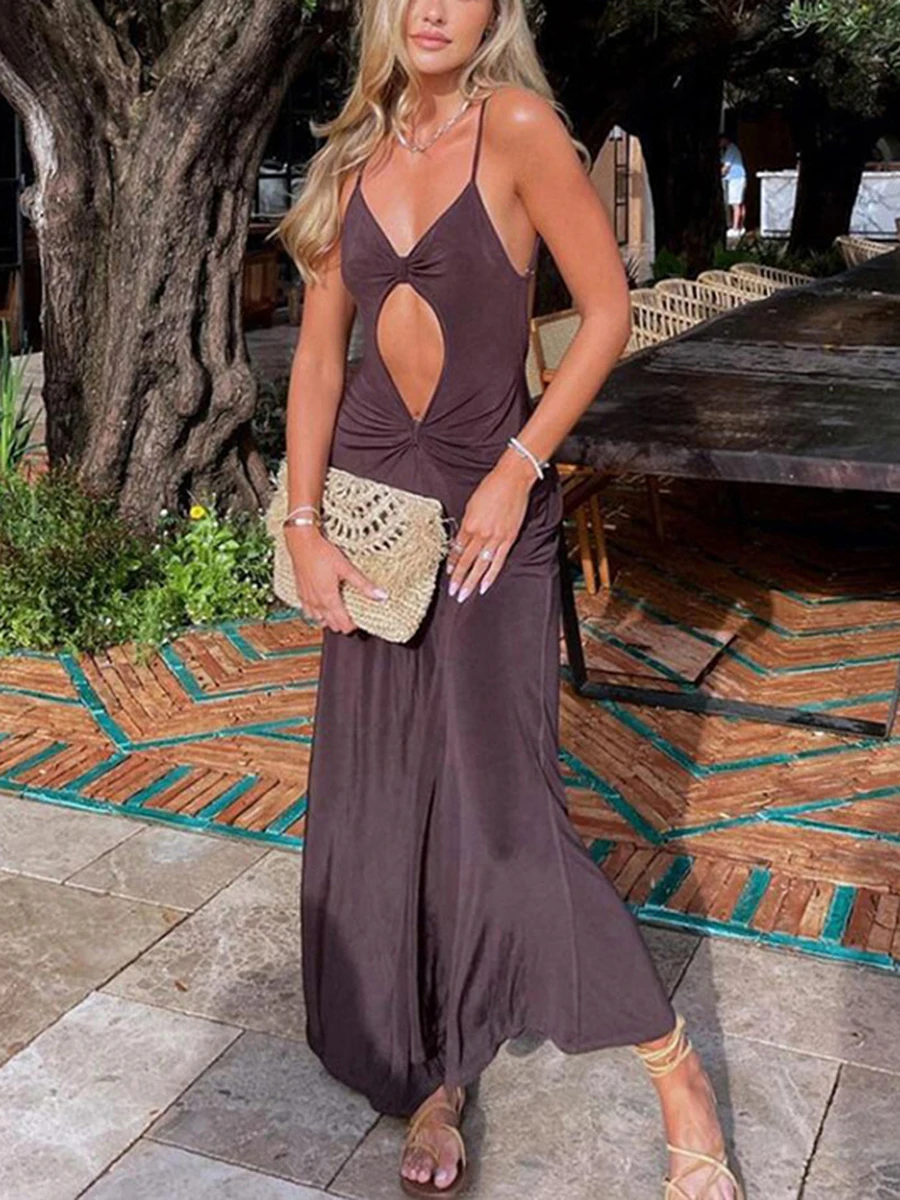 

Women Summer Sexy Cutout Backless Long Dress V Neck Sleeveless Cocktail Party Dresses Spaghetti Strap Bodycon Dress Streetwear