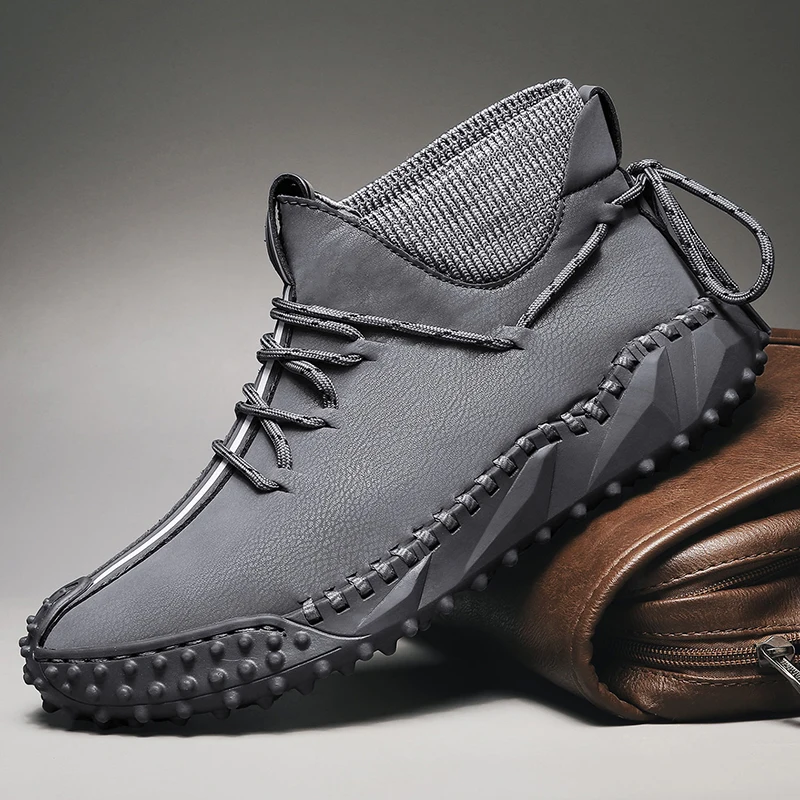 

Genuine Leather Shoes Men's Winter Ankle Boot Plush High-top Retro Outudoor Casual Shoes Men Boots Leisure Flats Hiking Shoes