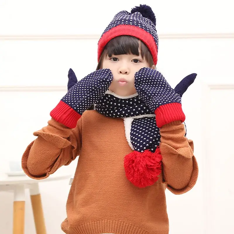 

Children Scarf Hat Gloves Set Woolen Yarn Knitted Stripes Patterns Fashion Kids Autumn Winter Warm Lovely Mittens 3