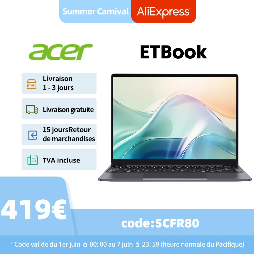 Acer ETBook Laptop Intel i5-12450H 14 Inch 2160*1440 FHD Screen 16GB LPDDR4 512GB SSD Windows 11 WIFI 6 M.2 Up To 1T