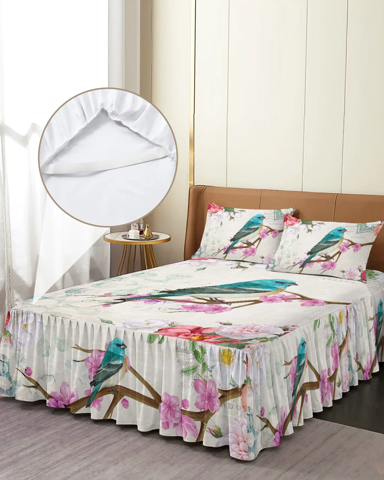 

Vintage Flowers And Birds Bed Skirt Elastic Fitted Bedspread With Pillowcases Bed Protector Mattress Cover Bedding Set Bed Sheet