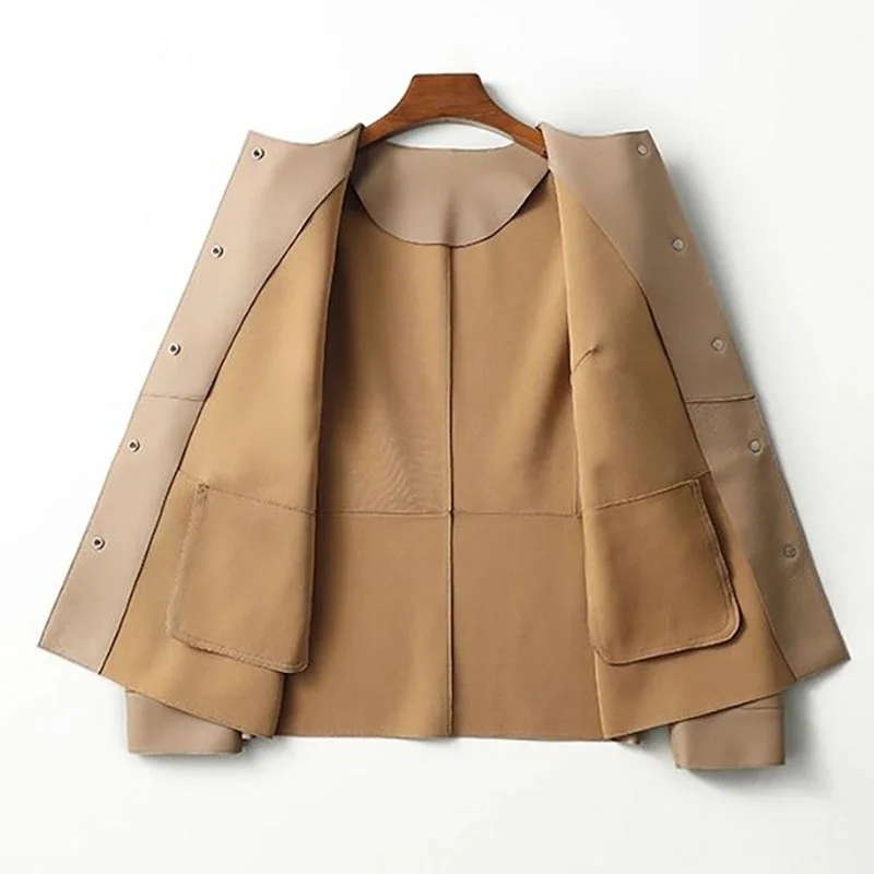 Womens Genuine Leather Jacket Spring Autumn Long Sleeve Elegant Soft Real Sheepskin Leather Coat Office Lady Solid Color Outwear